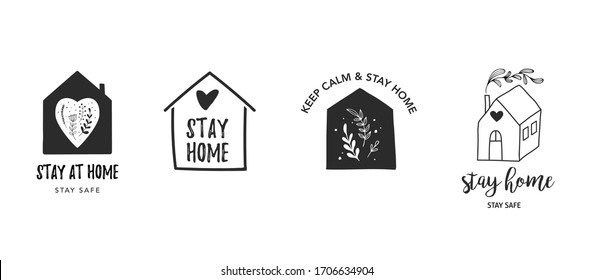 Stay at home, stay safe. Vector logos, illustrations and icons. Hand drawn motivation symbols