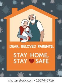 Stay home, stay safe - vector warning poster to protect aged people, old parents, grandparents from coronavirus. Grandmother, grandfather health care concept. Couple of elderly man, woman stay at home