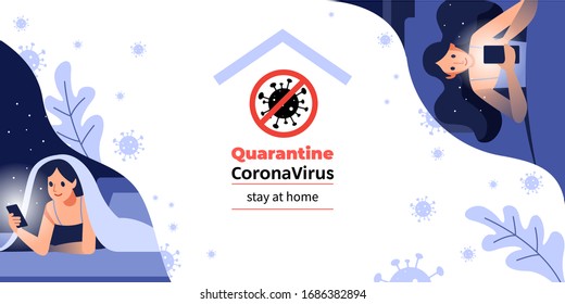 I Stay at Home Stay Safe. Working from home. Online communication Girlfriends via the Internet For Prevent Virus, Covid-19. Stay Home on Quarantine During the Coronavirus Epidemic.  Vector Illustration