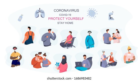 Stay Home Stay Safe.Characters with Masks Keeping Distance for Decrease Infection Risk For Prevent Virus Covid-19.Stay Home on Quarantine During the Coronavirus Epidemic.Vector Illustration