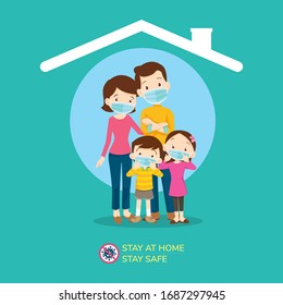 Stay At Home Stay Safe,Corona Virus ,covid-19 Campaign To Stay At Home.Dad Mom Daughter Son Wearing A Surgical Mask In House Icon. Lifestyle Activity That You Can Do At Home To Stay Healthy.