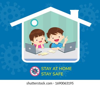 stay at home stay safe,Corona virus ,covid-19 campaign to stay at home.children Boy and Girl using technology gadget in house icon. online learning concept