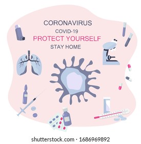 Stay Home Stay Safe.Virus,Microscope,Drug.Keeping Distance for Decrease Infection Risk For Prevent Virus Covid-19.
Stay Home on Quarantine During the Coronavirus Epidemic.Vector Illustration