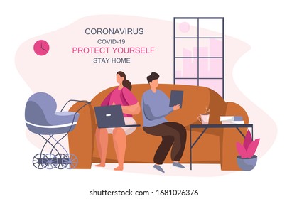 I Stay at Home Stay Safe.Working from home.Family keeping Distance for Decrease Infection Risk For Prevent Virus Covid-19.
Stay Home on Quarantine During the Coronavirus Epidemic.Vector Illustration