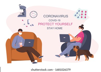 Stay Home Stay Safe.Working from home.People keeping Distance for Decrease Infection Risk For Prevent Virus Covid-19.
Stay Home on Quarantine During the Coronavirus Epidemic.Vector Illustration