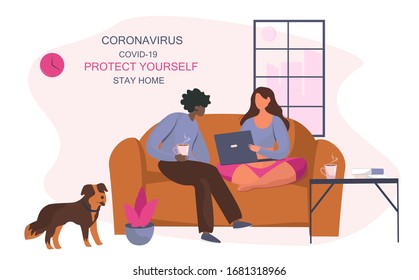 Stay at Home Stay Safe.Working from home.People keeping Distance for Decrease Infection Risk For Prevent Virus Covid-19.
Stay Home on Quarantine During the Coronavirus Epidemic.Vector Illustration