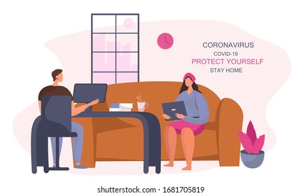 Stay Home Stay Safe.Working from home.People keeping Distance for Decrease Infection Risk For Prevent Virus Covid-19.Stay Home on Quarantine During the Coronavirus Epidemic.Flat Vector Illustration