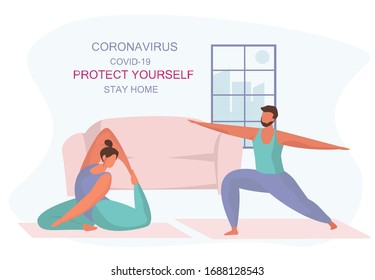 Stay Home Stay Safe.Yoga Time.Family Keeping Distance for Decrease Infection Risk For Prevent Virus Covid-19.Stay Home on Quarantine During the Coronavirus Epidemic.Vector Illustration