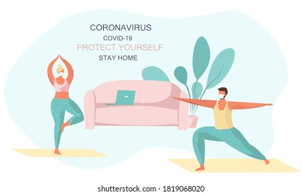 Stay Home Stay Safe.Yoga Time.Family in Medical Mask Keeping Distance for Decrease Infection Risk For Prevent Virus Covid-19.Stay Home on Quarantine During the Coronavirus Epidemic.Vector Illustration