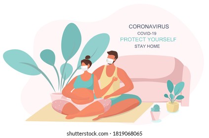 Stay Home Stay Safe.Yoga Time.Family in Medical Mask Keeping Distance for Decrease Infection Risk For Prevent Virus Covid-19.Stay Home on Quarantine During the Coronavirus Epidemic.Vector Illustration