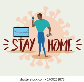 "Stay home Stay save" African American young man working  at homes with laptop, concept of coronavirus covid 19, epidemics found around the world.