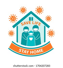 Stay home save life coronavirus quarantine icon.  Family  self-isolated during the epidemic Сovid-19. Protective medical masks on them. Prevention spread virus and safety sign. Trendy flat vector logo