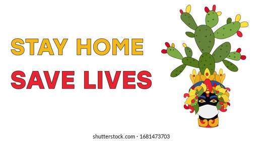 Stay home save lives. Coronavirus covid-19. Pandemia. Sicilian vase, moor head in medicine mask. Italy, Sicily. Vector illustration, banner for social media. Quarantine