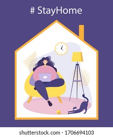 Stay home, save lives. Girl works on a laptop, a cat plays with a ball. The concept of preventing the spread of the coronavirus epidemic COVID-19. Vector illustration