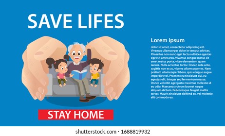 Stay home, save lives. Hands of people protect children and the old man. Grandfather is reading a book to grandchildren. Coronavirus defensive campaign. The concept of social distance