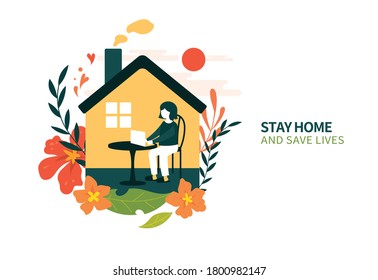 Stay home and save lives. House and people natural embellishments simple flat illustrations.