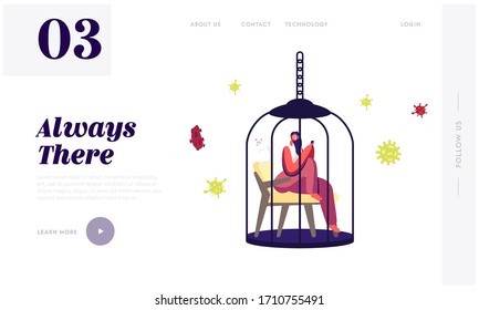 Stay Home Save Lives Landing Page Template. Female Character Sitting in Metal Birds Cage with Smartphone and Cat inside during Covid19 Pandemic Quarantine Self Isolation. Cartoon Vector Illustration