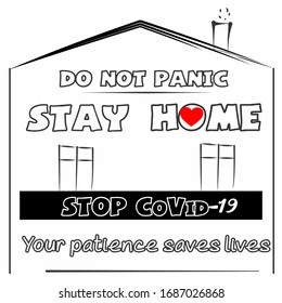 Stay home and save lives poster, illustration of self quarantine and stop COVID-19 sign