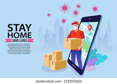 Stay home. Save lives. Shopping online and fast shipping while self quarantine in social distancing Coronavirus COVID-19 outbreak concept.