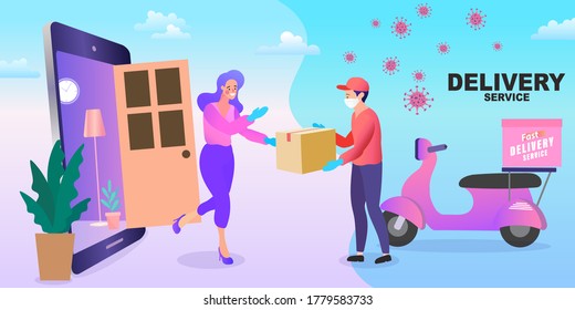 Stay home. Save lives. Shopping online and fast shipping while self quarantine in social distancing Coronavirus COVID-19 outbreak concept.