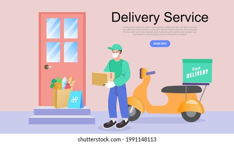 Stay home. Save lives. Shopping online and fast shipping while self quarantine in social distancing Coronavirus COVID-19 outbreak concept. Delivery Man Ride Scooter Motorcycle Cartoon Vector.