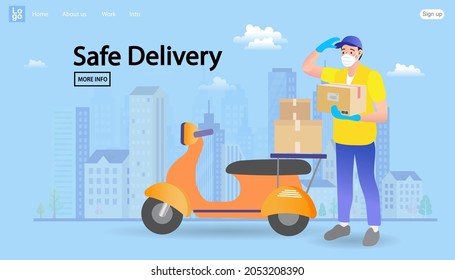 Stay home. Save lives. Shopping online and fast shipping while self quarantine in social distancing Coronavirus COVID-19 outbreak concept. Delivery Man Ride scooter Cartoon Vector.