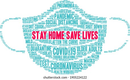 Stay Home  Save Lives word cloud on a white background. 
