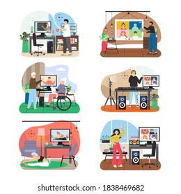 Stay home scene set, flat vector isolated illustration. People working remotely, communicating, dancing using video conference technologies, doing yoga, studying with online teacher in quarantine.