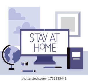 stay at home. screen and elements school on table. vector illustration