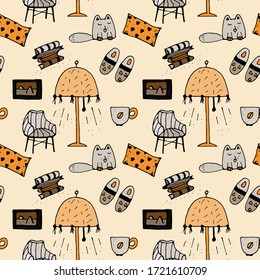 Manténgase en casa sin problemas. Pintura de doodle con gato, tetera, alfombra, zapatillas y silla. Ilustración vectorial de material aislada en fondo blanco.