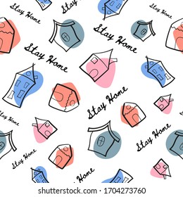 Stay Home Seamless Pattern in line art doddle style. Colorful pattern with little houses of different shapes and handwritings. Line art Vector Illustration, child's drawing style.