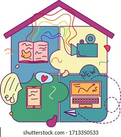 Stay Home, Self Icon Isolation. What may doing under House Roof Engaging Various Hobby Activities Reading, Chatting with friends and darling, Working, Watching films. Vector illustration.