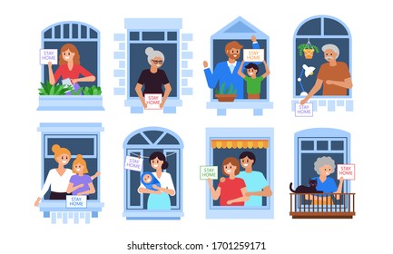 Stay at home and self isolation concept. Coronavirus COVID-19 pandemic quarantine with people characters at open house windows. Flat cartoon vector illustration