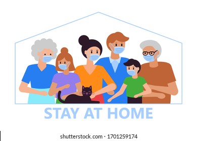 Stay at home and self isolation concept. Coronavirus COVID-19 pandemic quarantine with family wearing medical face masks. Flat cartoon illustration