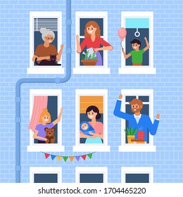 Stay at home and self isolation concept. Happy people characters at open house windows greeting each other. Flat cartoon illustration