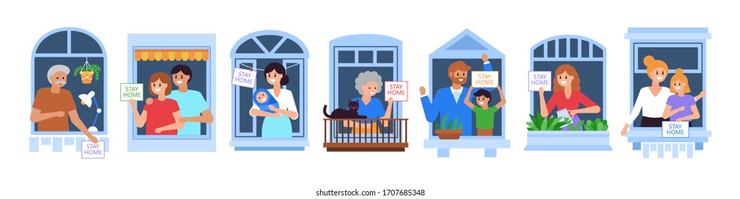 Stay at home and self isolation concept. Coronavirus COVID-19 pandemic quarantine with people characters at open house windows. Vector illustration