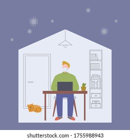 Stay at home, Self isolation concept. Man with cat is sitting in quarantine at home. Vector illustration.