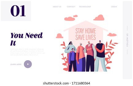 Stay at Home, Self Isolation Landing Page Template. Family Characters Wearing Medical Masks Stand under House Roof. Parents, Grandparents and Kids on Quarantine. Cartoon People Vector Illustration