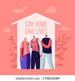 Stay at Home, Self Isolation Save Lives Concept. Male and Female Senior and Young Characters Wearing Medical Masks Stand under House Roof. Family on Quarantine. Cartoon People Vector Illustration