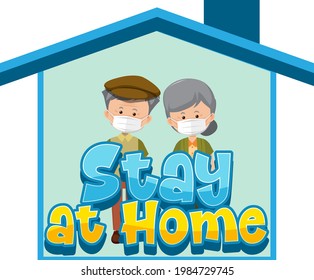 Stay at home and self-isolation banner with old couple cartoon character work from home  illustration