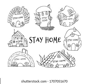 Stay home. A set of cute houses with an inscription. Vector isolated illustration with sets of small houses on a white background. Sign of self-isolation at home. Coronavirus pandemic. Home protection