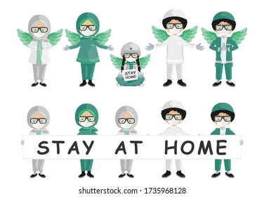 "Stay at  home" Set of doctors and nurses in different poses and with stay at home. Medical team in conditions of coronavirus pandemic, covd-19 quarantine. vector illustration