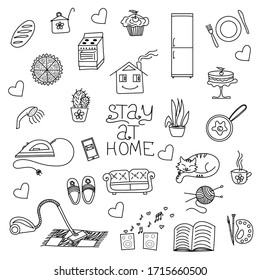 Stay at home. Set of doodles, stickers and clip-arts isolated on white background.