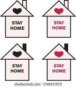 Stay home. Set of house icons with the words stay home black and red. Freehand self-isolation and quarantine company for the prevention and protection against coronovirus. Vector illustration.