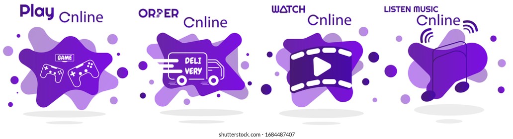 Stay home set of icons with violet color gradient. Designed for website, smartphone etc. Order, watch, listen and play online. Modern design elements with liquid shapes and paint splash. Eps 10 vector
