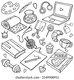 Stay home Set outline doodle Vector Illustration. Hand-drawn doodle home activities, hobbies: books and reading, drawing, knitting, sewing, tea drinking, board games, sport.