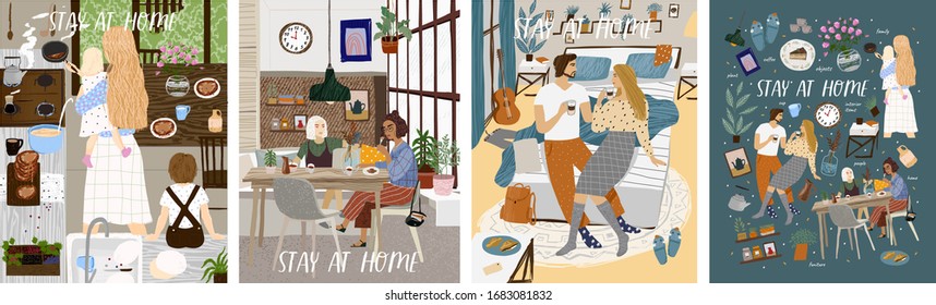 Stay at home! Set posters of Coronavirus quarantine, self isolation. Mother and kids cooking at kitchen, couple or family staying together comfort, safety. Vector illustration banner, card, postcard