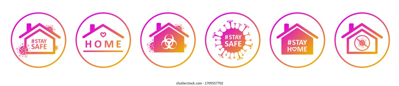 Stay home. Set of social media sticker of self-isolation. Distancing measures to prevent virus spread. Vector icon covid19 for apps, highlight cover or stories template. Perfect for posts, news.