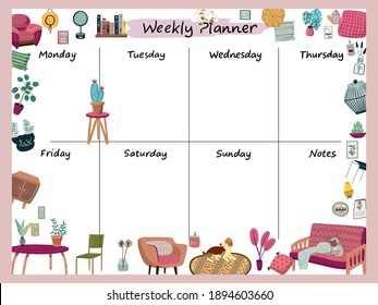 Stay at home. Set of stylish scandinavian apartment design elements for self-isolation during quarantine and other use. Cozy furnished living room, Flat vector cartoon illustration. Weekly planner