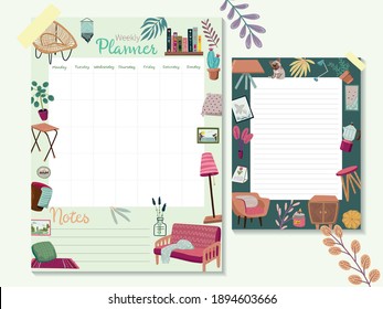 Stay at home. Set of stylish scandinavian apartment design elements for self-isolation during quarantine and other use. Cozy furnished living room, Flat vector cartoon illustration. Weekly planner